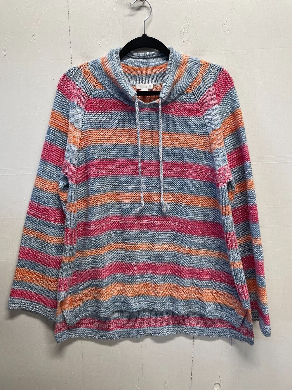 J. Jill Womens Striped Knit Sweater Mock Neck Drawstring Medium Blue Pink Orange
